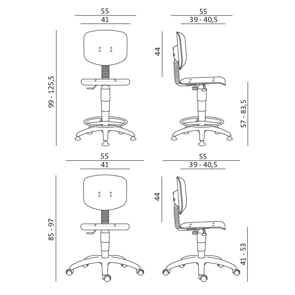 Dílenská židle 1290 L NOR s bukovou překližkou - rozměry