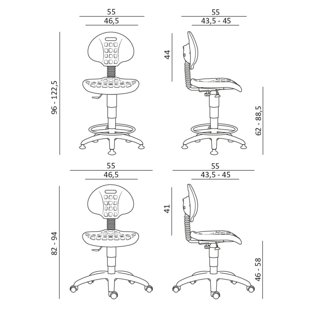 Dílenská židle 1290 PU NOR - rozměry